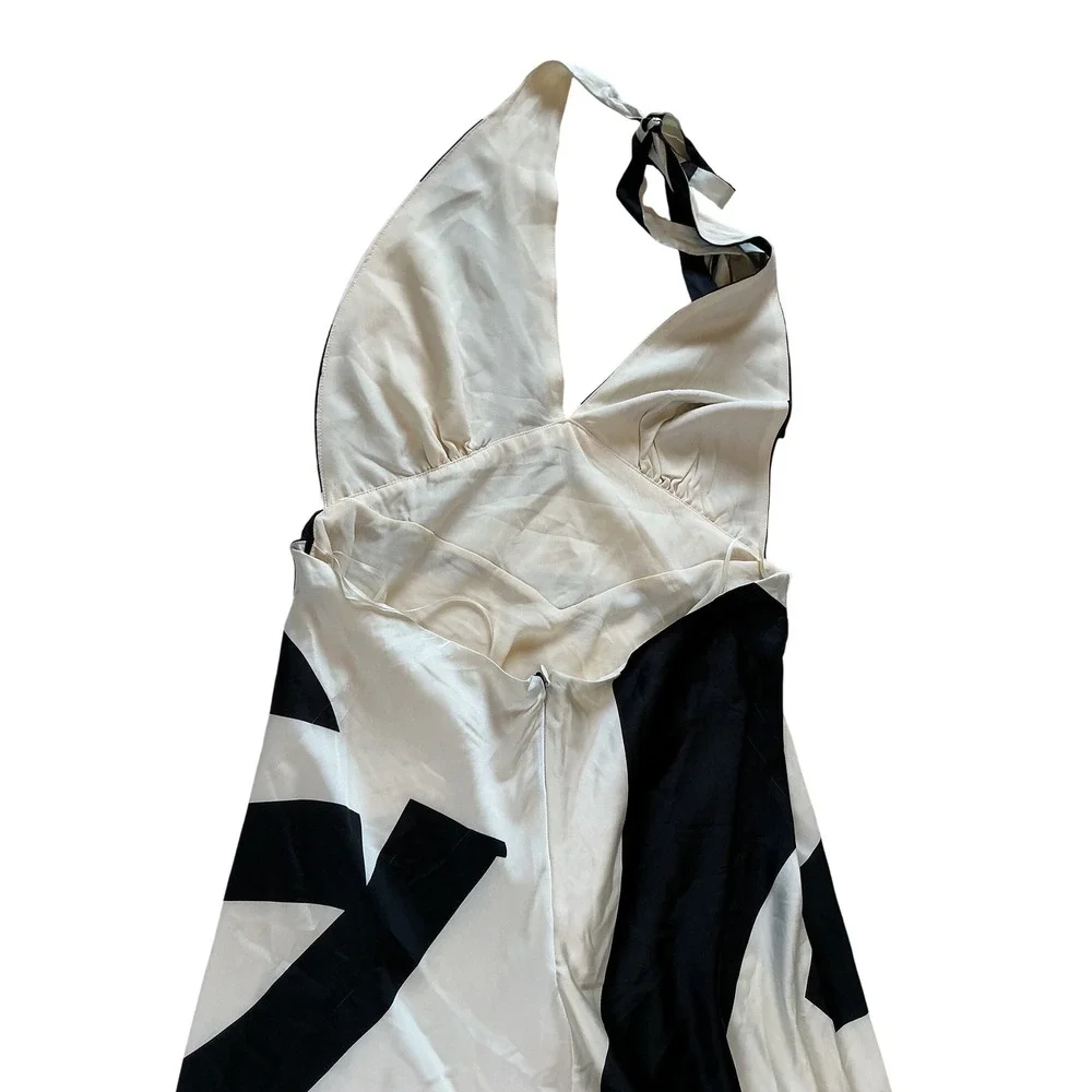 Bardot Black White Abstract Halter Maxi Dress Plunging V-Neck Open Back Size 12